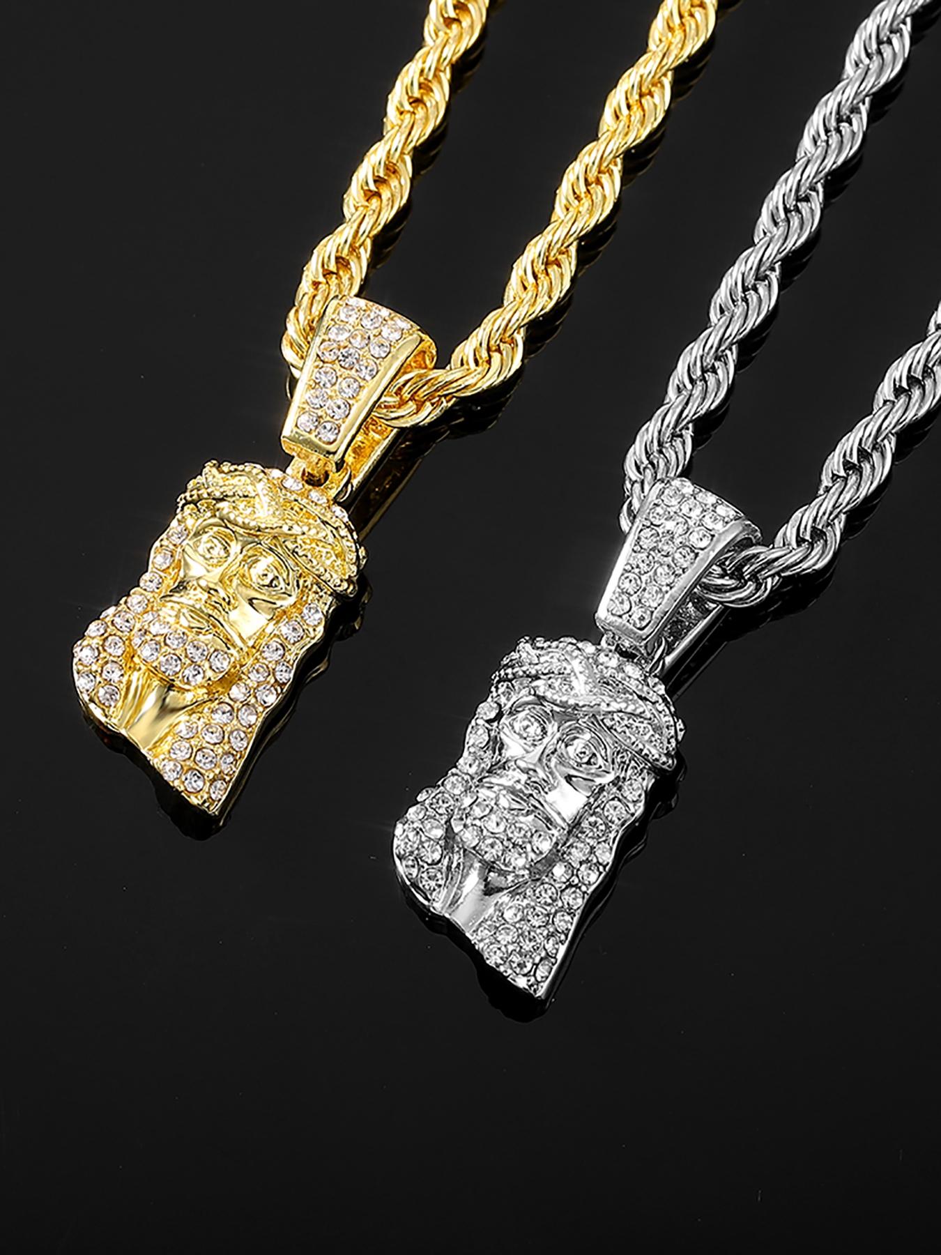 Jesus Head Pendant Necklace, Rhinestone Decor Cuban Link Chain Necklace, Fashion Jewelry for Party, Daily Clothing Decor, Trendy All-match & Exquisite Jewelry for Birthday Gift