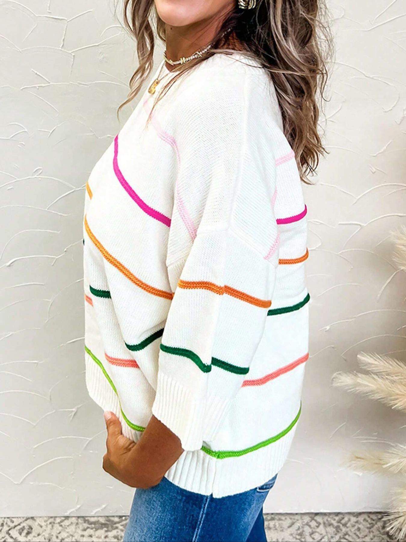 Women's Striped Print Sweater, Casual Short Sleeve Round Neck Jumper for Daily Wear, Ladies Knitwear for Spring & Fall