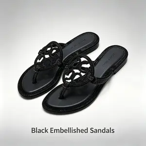 Black Crystal Rhinestone Border Thong Flip Flops for Women, Hollow Cutout Ornament Slip On Flat Sandals, Genuine Leather Insole Dressy Slide Summer Outdoor Beach Vacation Daily Walking Casual Sandals
