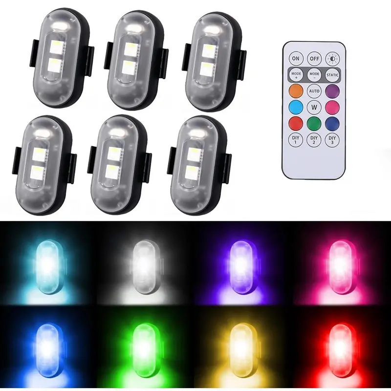 6-Piece Rechargeable Wireless LED Anti-Collision Lights - 8-Color Emergency Warning Flasher with Remote Controller, 110mAh/3.7V Battery, Waterproof Plug, Velcro Mount, Universal Fit for Drone, Bicycle, Ebike Accessories