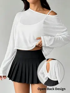 Women's Spring Summer Outdoor Sports Bamboo Pattern Long Sleeve Top, Loose Fit Back Cut Out Yoga Fitness Shirt, Casual Women's Clothing