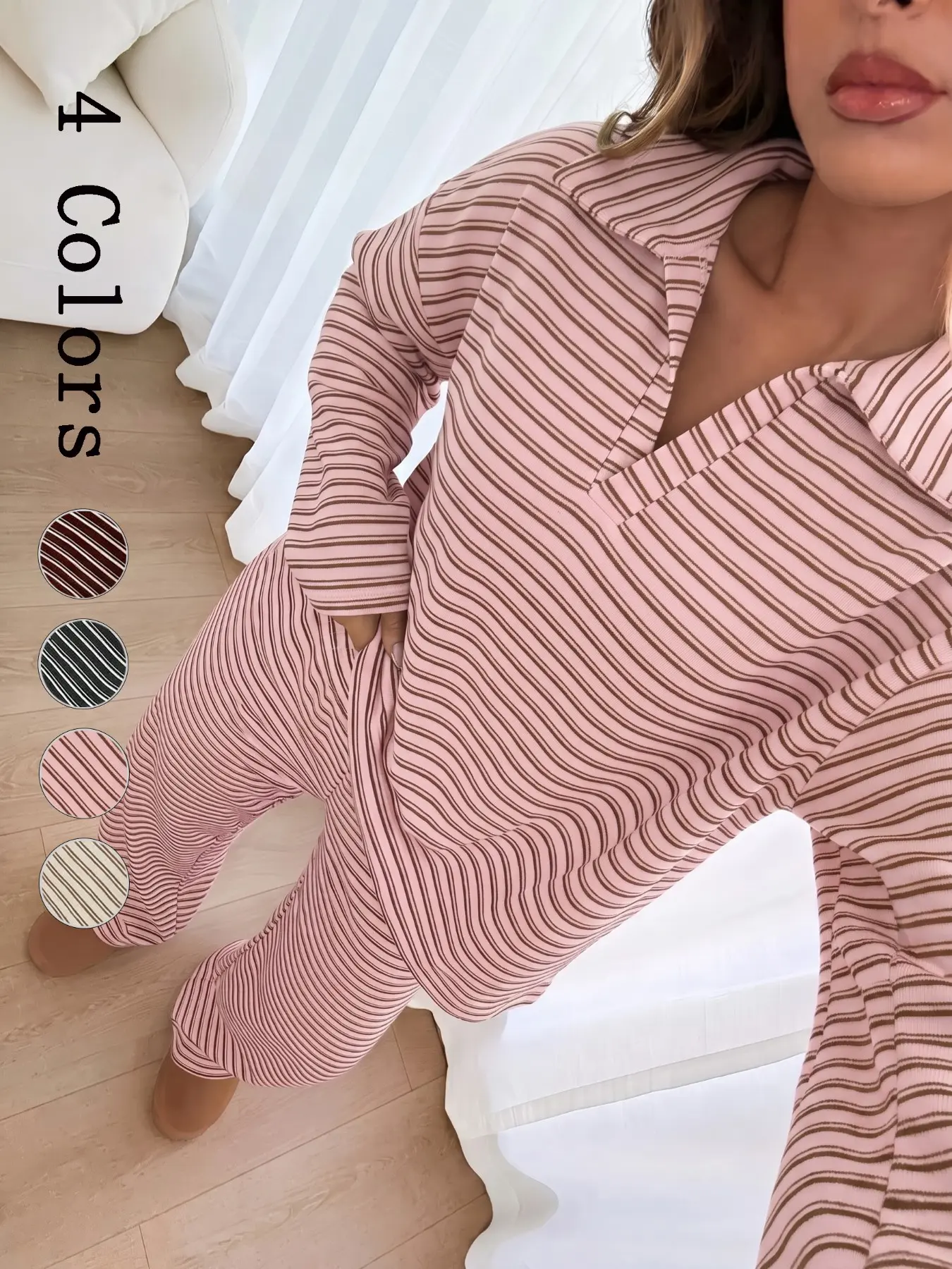 Women's Fall Comfort Striped Pajama Set, Polo Neck Long Sleeve Top and Loose Fit Wide Leg Pants, Elastic Soft Home Wear, Casual Daily Sleepwear