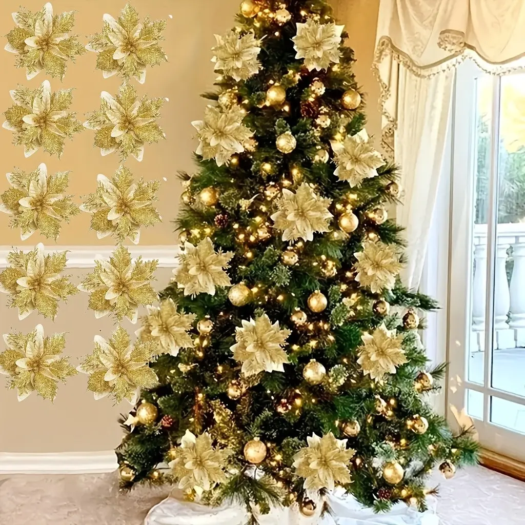 33 Artificial Christmas Flowers with Stems and Clips, Elegant Layered Floral Decor for Christmas Tree, Wedding, Party, Halloween