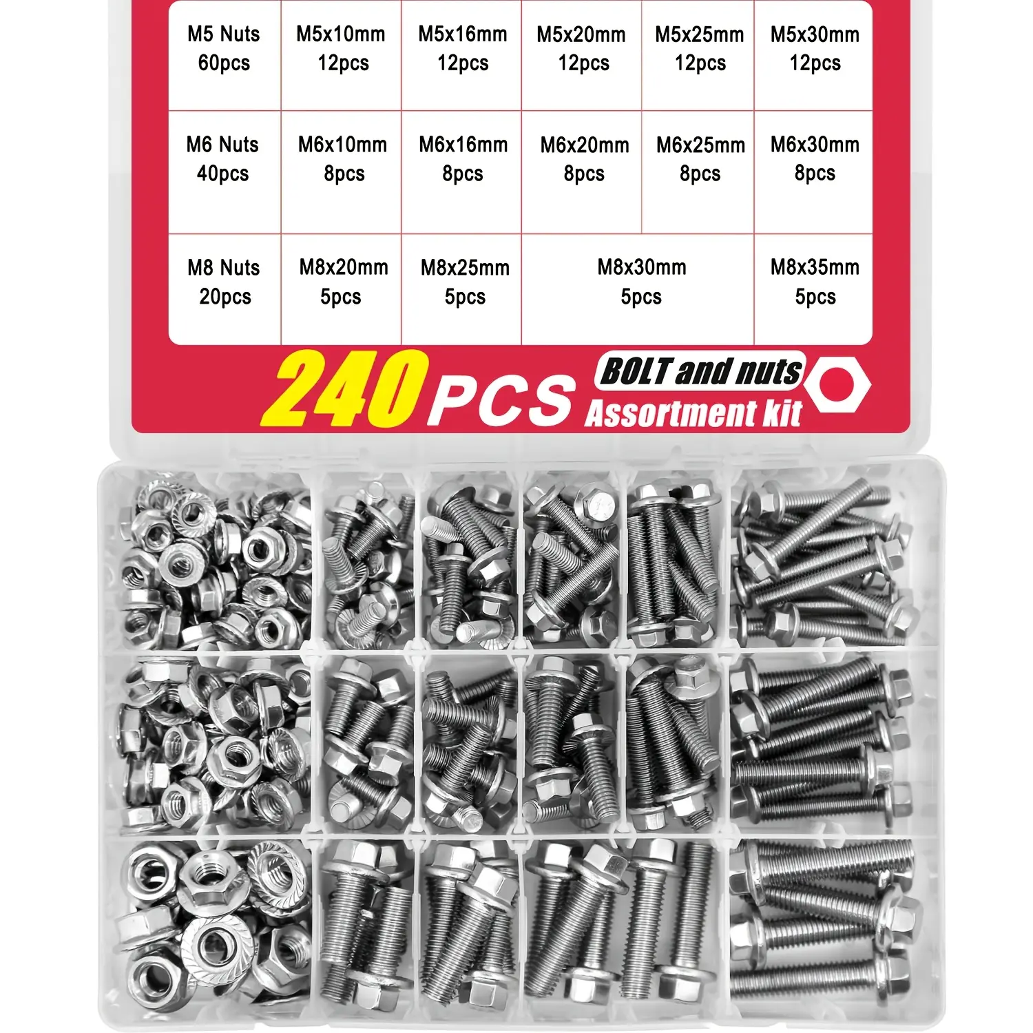 240-Piece Galvanized Zinc Hex Bolts & Nuts Assortment Kit, Flanged Fasteners for DIY Users, General Fastening Applications