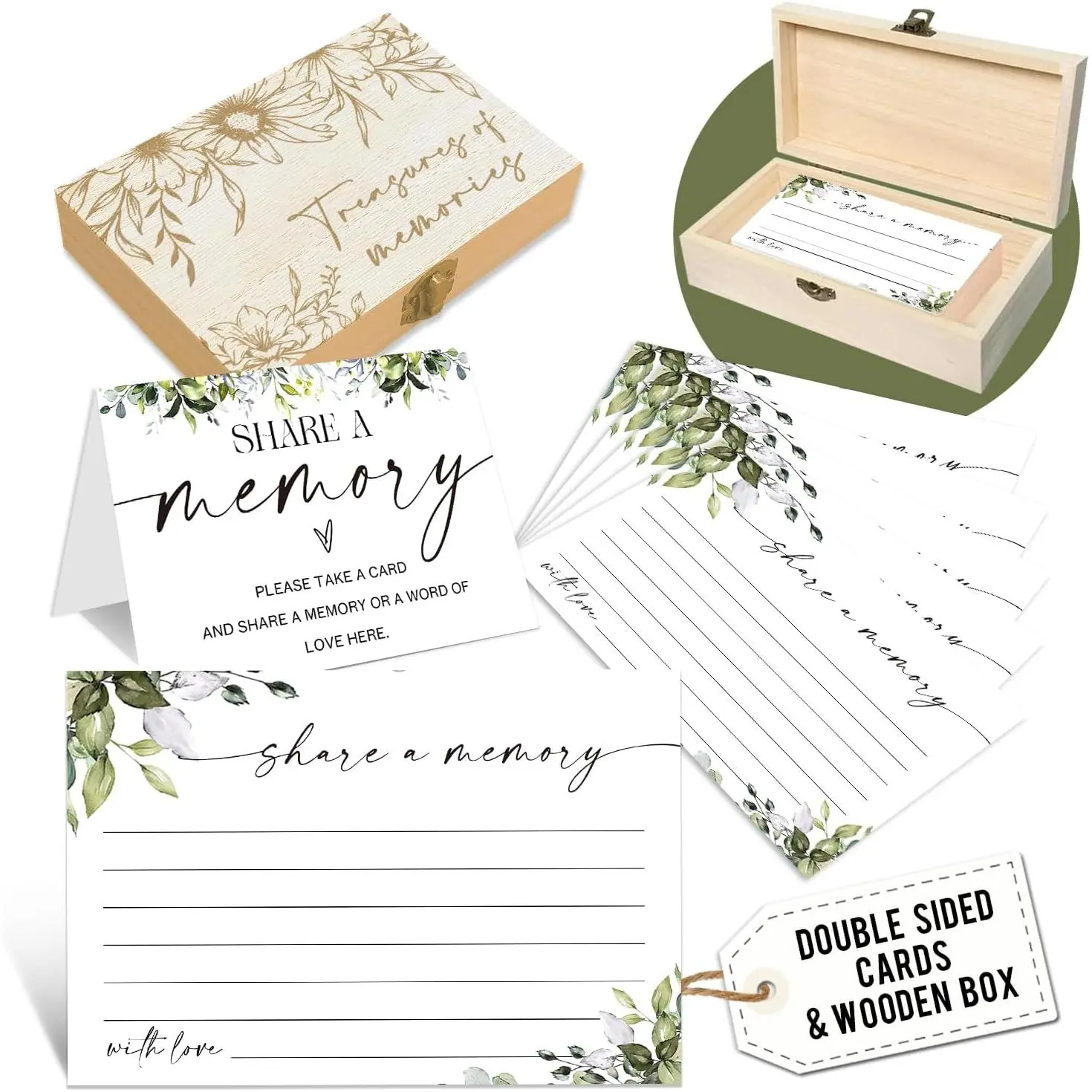 Memory Box for Funeral, Share a Memory Cards with Box - 50 Eucalyptus Cards, Wooden  Holder, Guest Book Idea for Memorial Service, Celebration of Life, Wedding, Birthday -A03