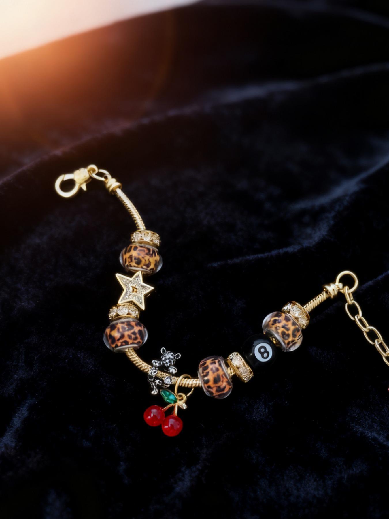 2026 New Women's Leopard Print Rhinestone Cherry Charm Bracelet, Trendy Y2K Iron Chain Bracelet, Versatile All-Season Jewelry & Perfect Gift for Her