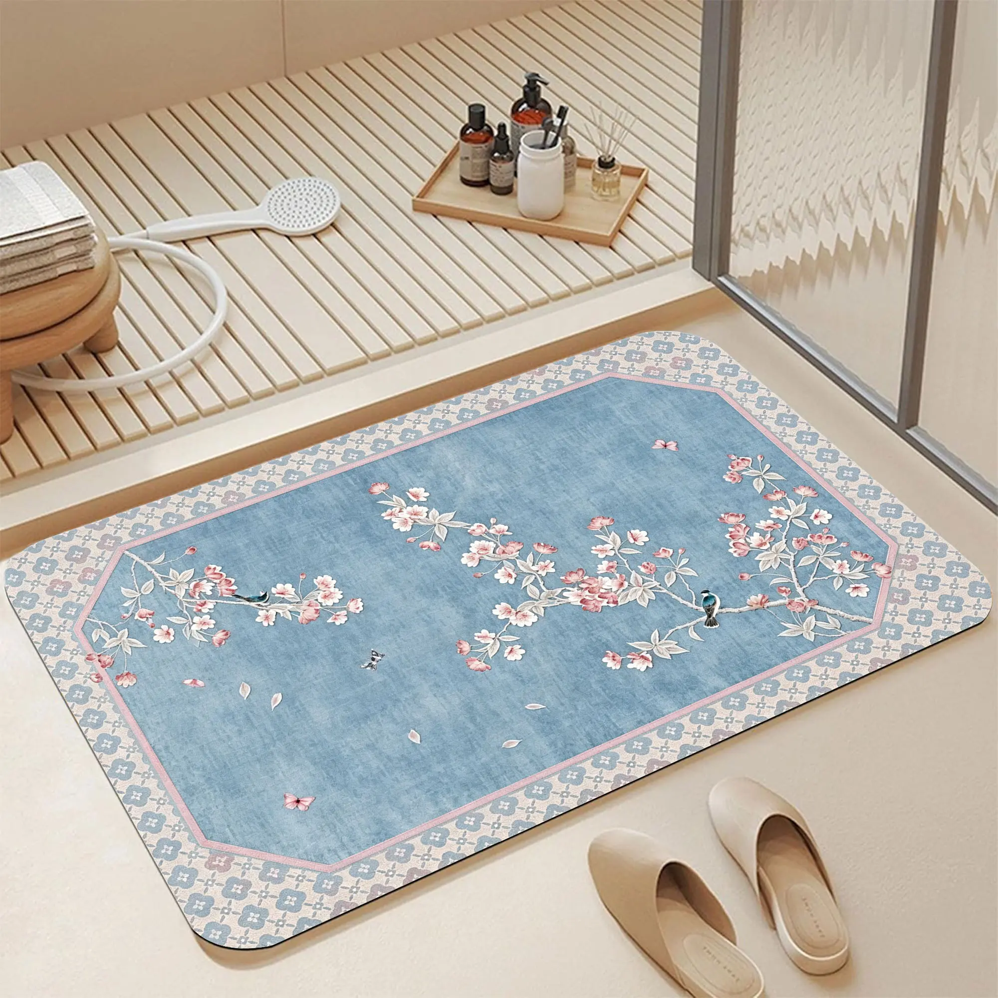 16*24 Inch Vintage Oriental Cherry Blossom Bird Butterfly Framed Diatomite Bath Mat, Fast Water Absorbent Non-Slip Quick Dry Bathroom Rug, Pastel Blue Geometric Floral Border Falling Petal Chinoiserie Print, Stain Resistant Washable Elegant Cottagecore