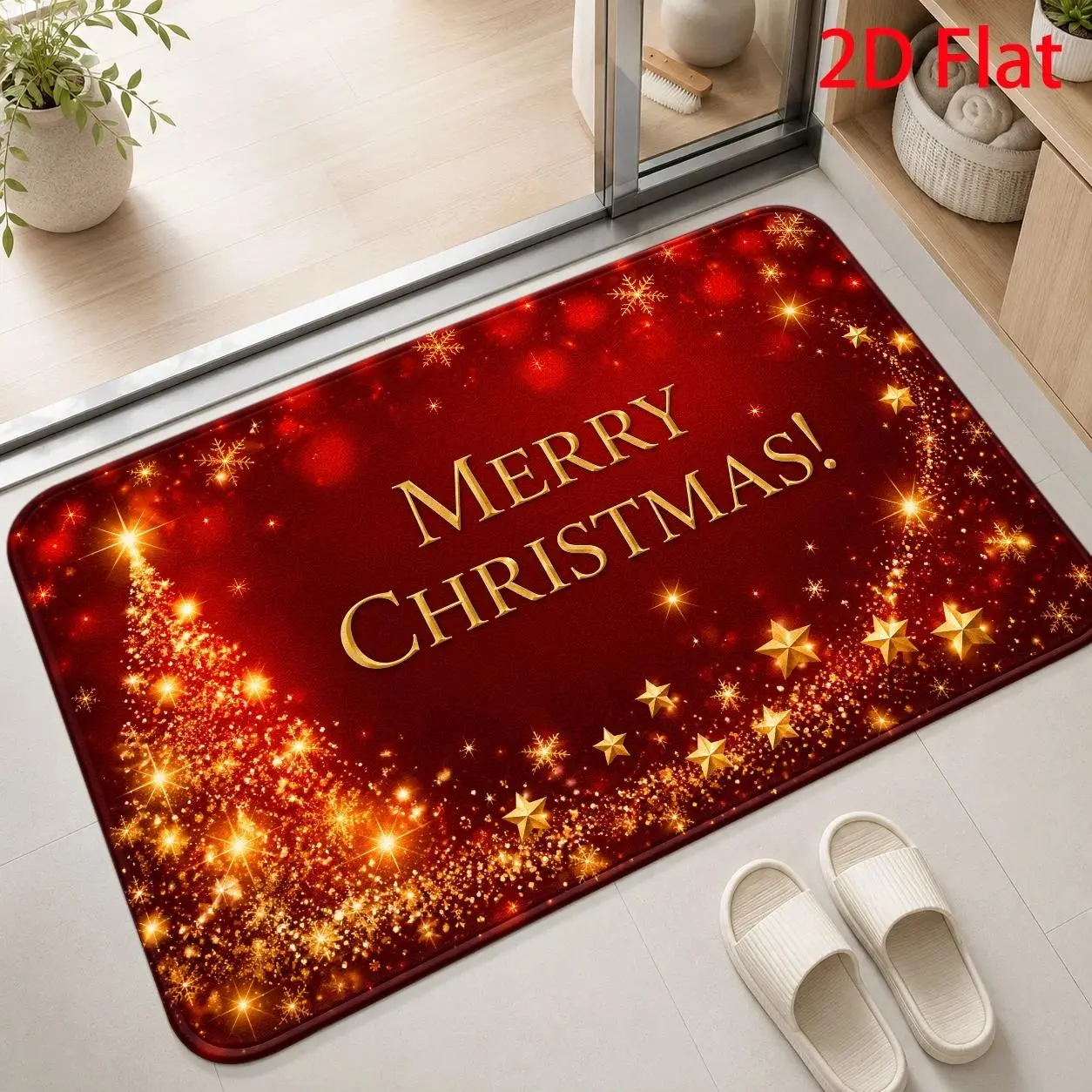 1PC/2PC/3PC Merry Christmas Glittering Tree Door Mat, 2D Flat Printed Flannel Floor Mat, Decorative Entryway Rug, Festive Welcome Mat for Front Door, Covered Porch, Hallway, Kitchen and Indoor Home Decor
