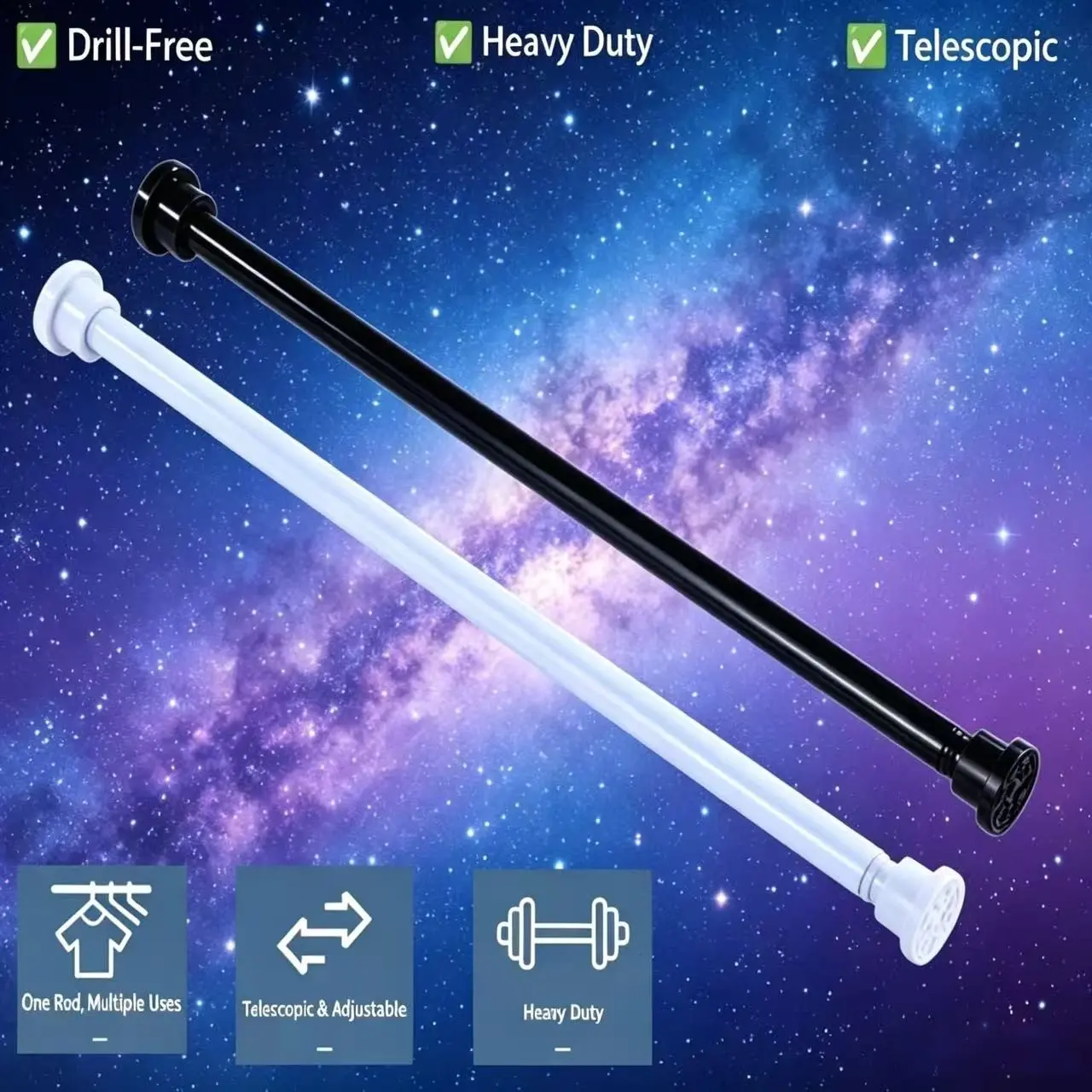 Adjustable Extendable Rod, No Drilling Required, Heavy Duty, Telescopic, 1.6cm Diameter, 11.81in-19.68in Length, Multi-Purpose Clothes Rack for Doorway & Balcony, Shower Curtain Rods