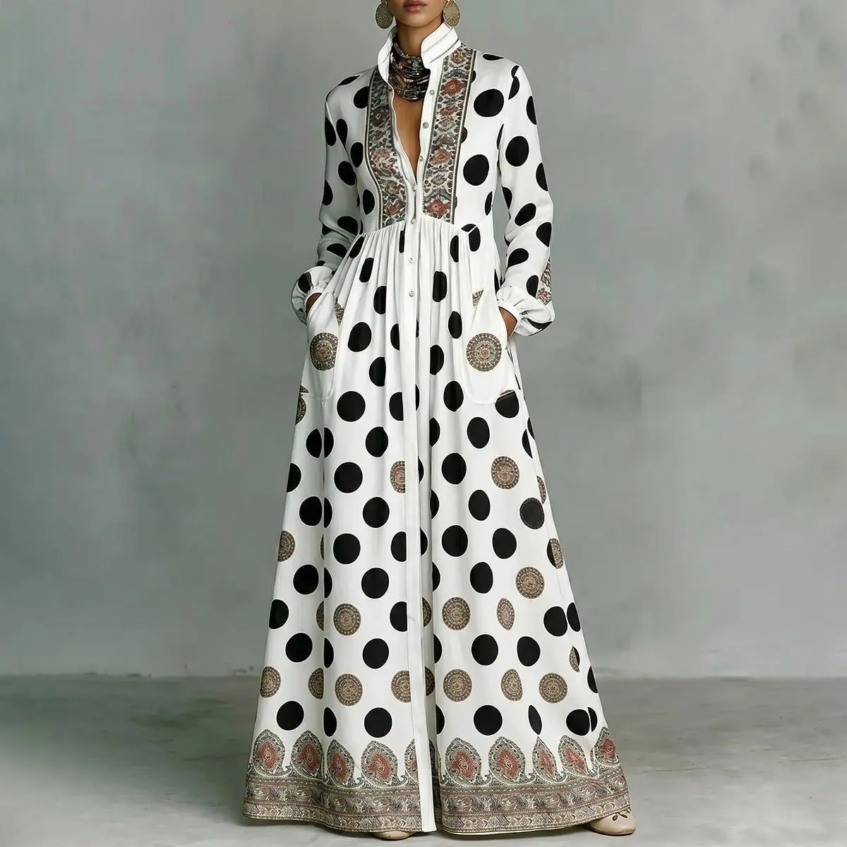 Bohemian Polka Dot Maxi Dress for Women - Vintage Style Long Sleeve Button-Down with Pockets, Print Flowy Polyester for Vacation & Festival,, Feminine, Breathable, Day, Fabric, Balloon, Beach, Casual