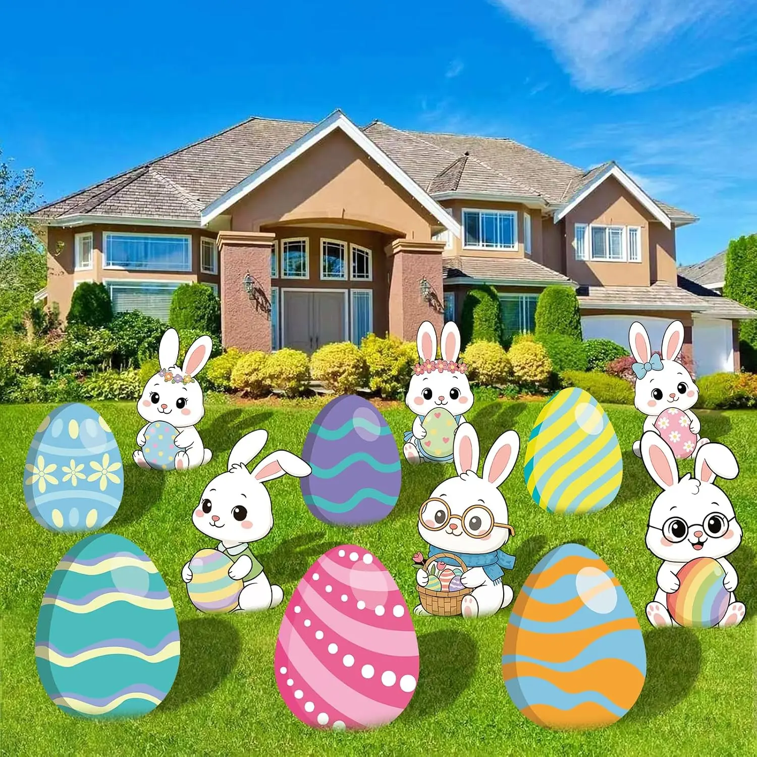 12- Easter Bunny Yard Signs with Stakes Decorations – 6 Cute Rabbits & 6 Colorful Eggs 30 cm Large Outdoor Easter Lawn Signs for Garden, Driveway, Yard, and Spring Party Décor