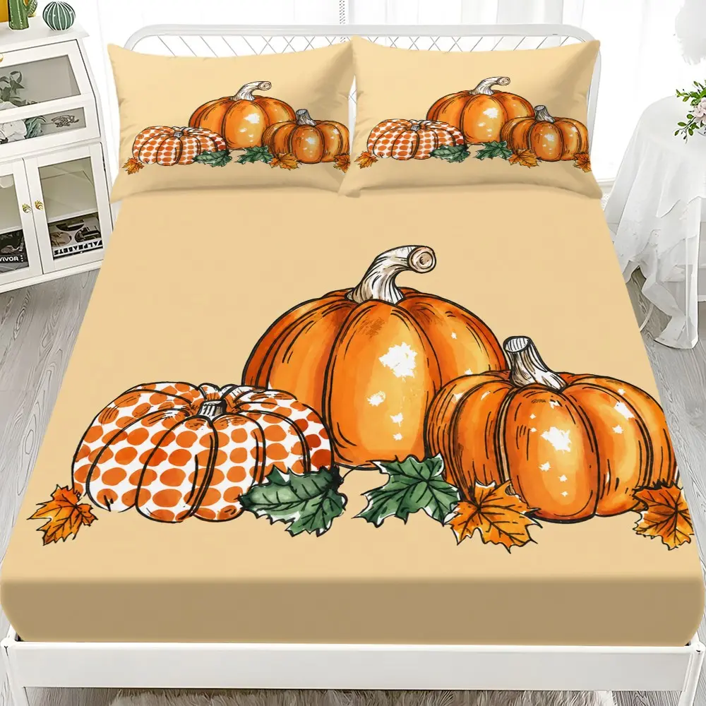 3-Piece Autumn Bed Sheet Set, Base with Hand-Drawn Pumpkin and Maple Leaf Patterns, Includes Fitted Sheet and 2 Pillowcases