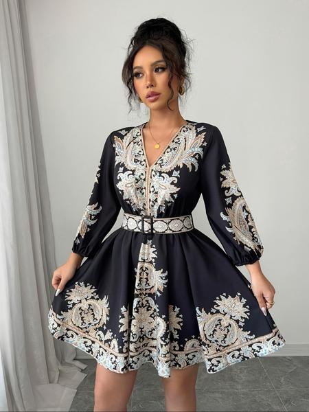 Women's Ethnic Style Floral Print Dress, Belt Detail, Casual Breathable Elegant Vacation Look, Spring Summer A-Line Long Sleeve Ruffle Hem Dress