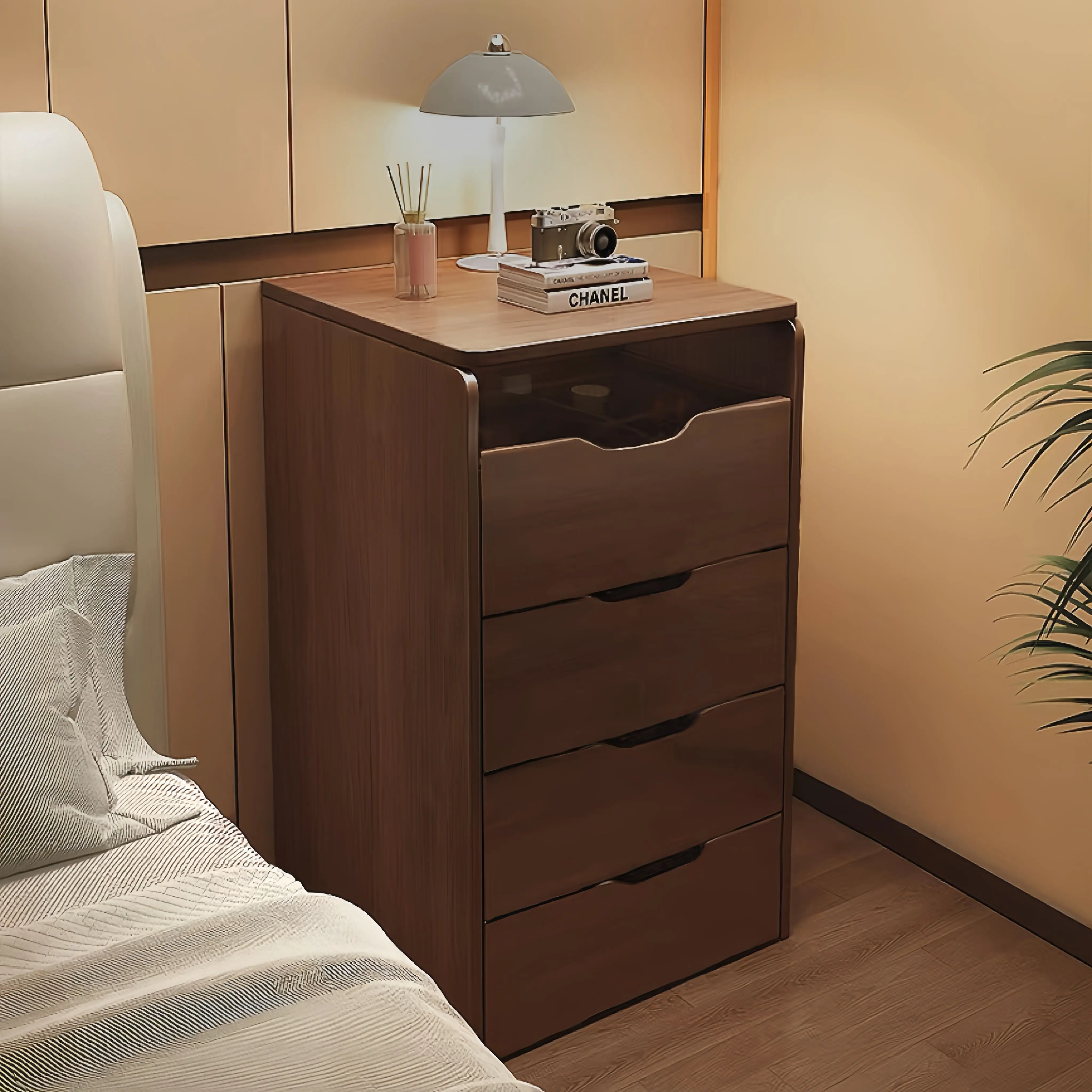 Nokaa 3-in-1 Vanity Desk with Flip Top Mirror, Small Makeup Vanity Set with Visible Glass Desktop, Compact Dressing Table with 3 Drawers, Mid-Century Modern Walnut Finish, for Bedroom, Dorm, or Bathroom, Includes Stool