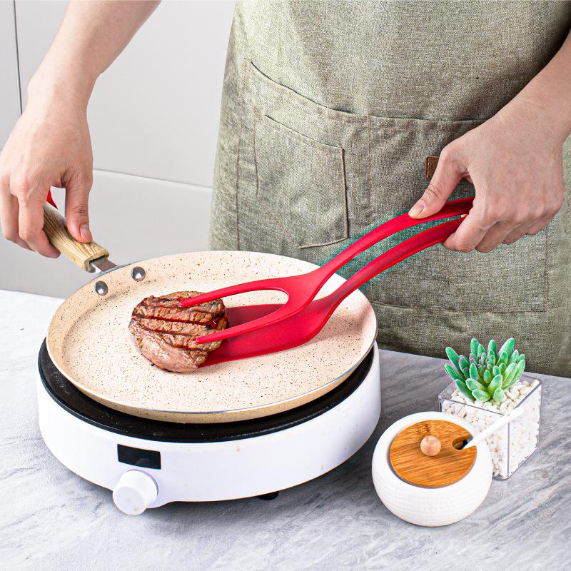 2-in-1 Silicone Shovel & Tweezers Tongs - Black Egg Flipper Pancake Steak Turner Omelet Maker Spatula Fish French Toast Tongs for Home Kitchen Cooking Tools Utensils