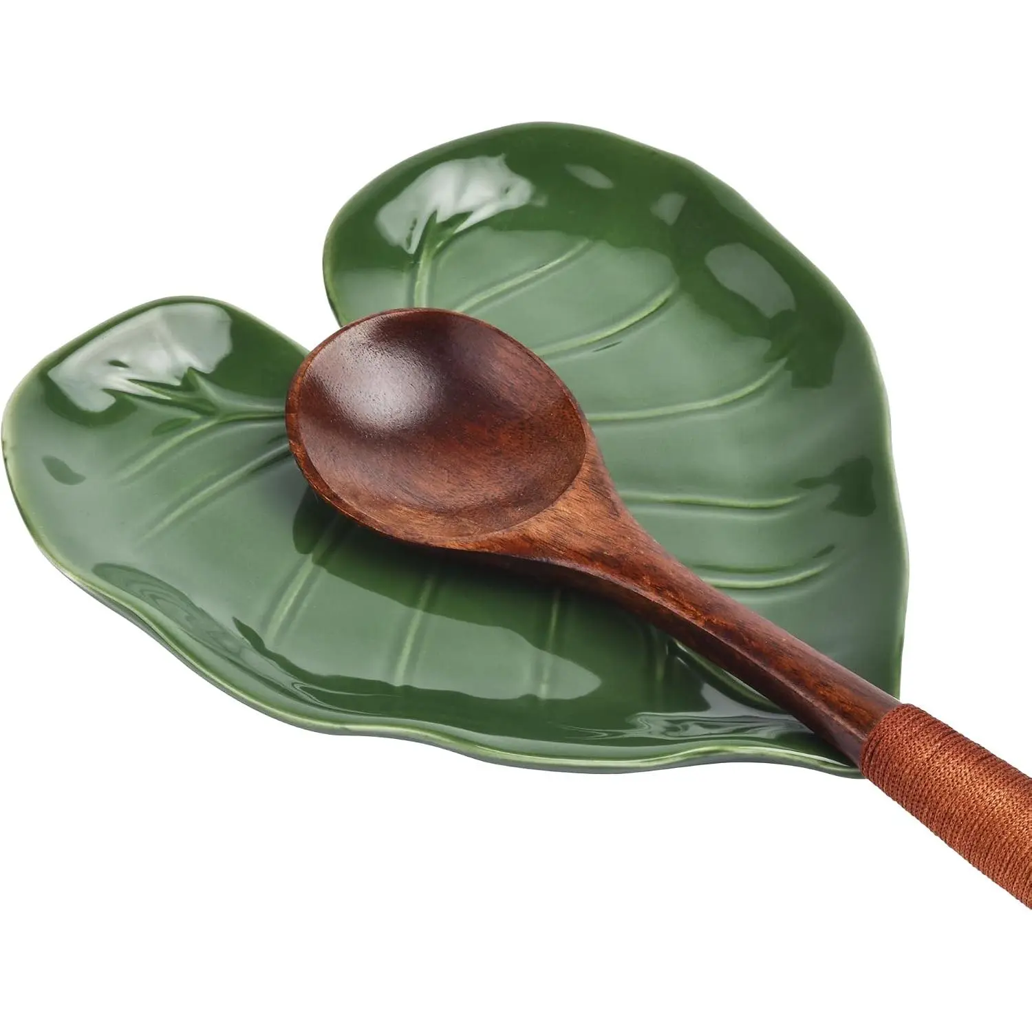Cute Green Leaf Shaped Ceramic Spoon Rest for Stove Top,Spoon Holder for Kitchen Countertop Decor,Cooking Kitchen Spoon Rest Spatula Rest Utensil Rest,Green