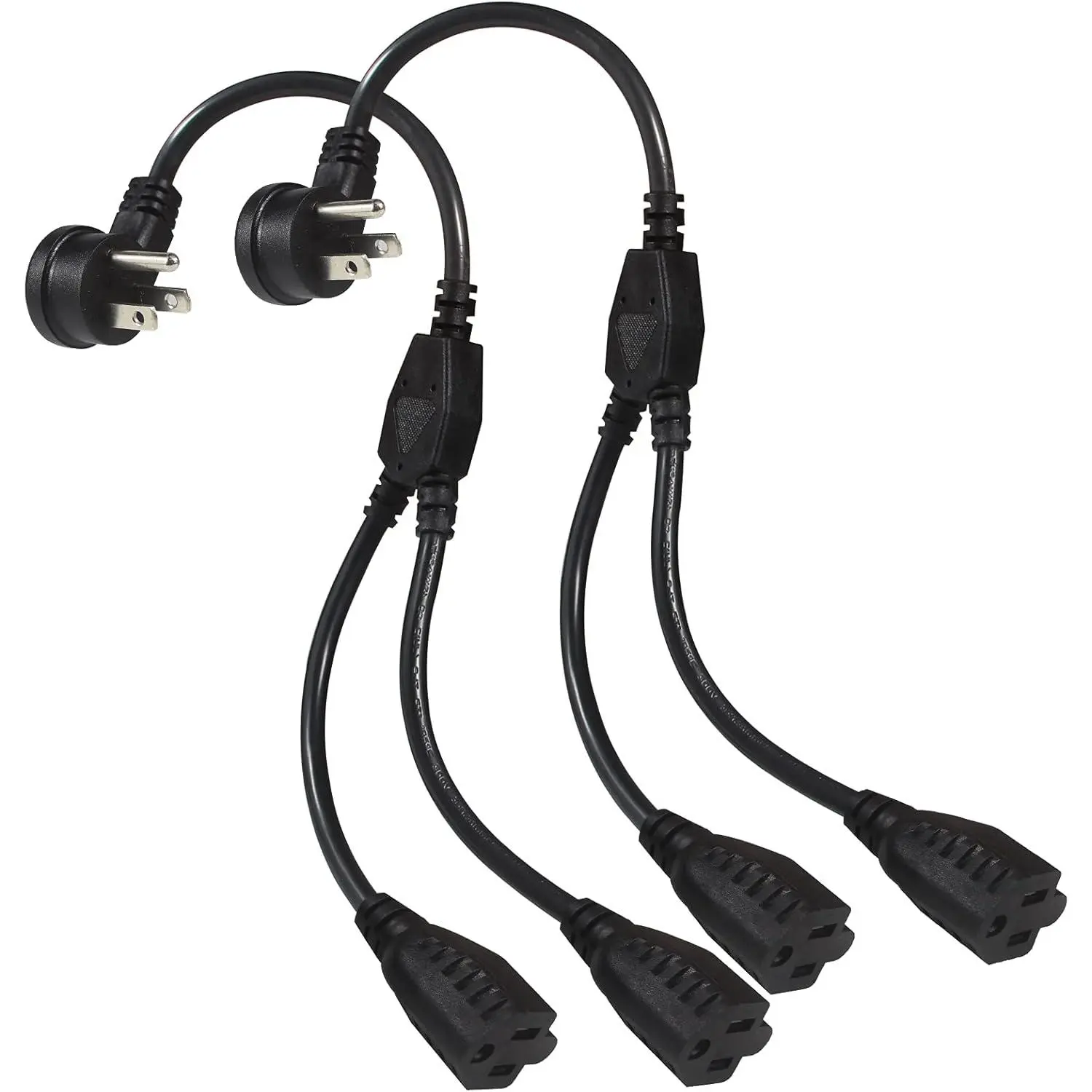 Power Extension Cord Y Splitter - 1FT Right Angled Type Flat Plug NEMA 5-15P 1 to 2 Way Outlet NEMA 5-15R SJT 16AWG 3 Prong Low Profile Black AC Power Cable Wire Extender