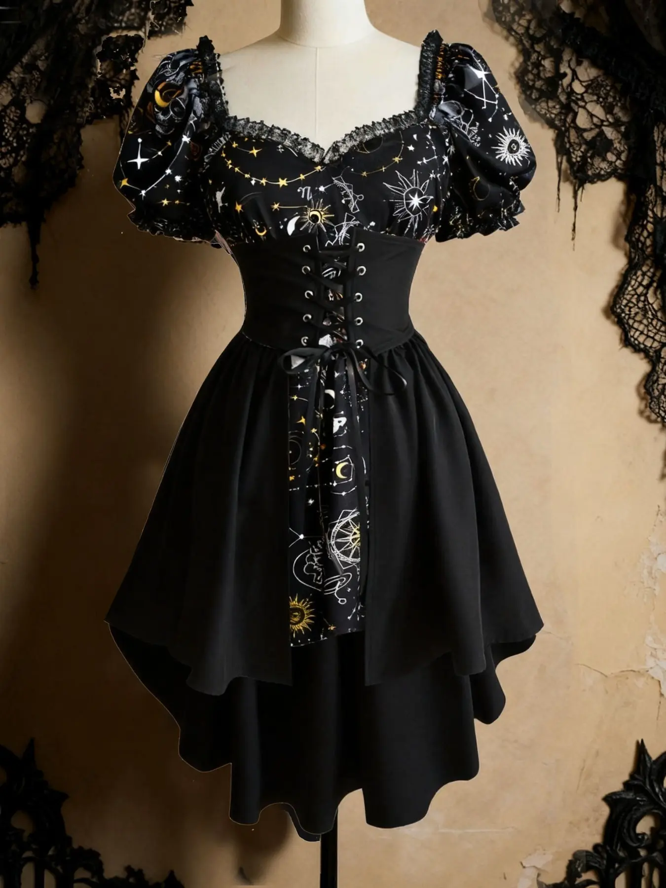 Gothic Starry Night Magic Tailcoat Dress, High Waist, Medieval Steampunk Renaissance, Music Festival Party, Pirate Dress, Vintage Gothic Party Dress