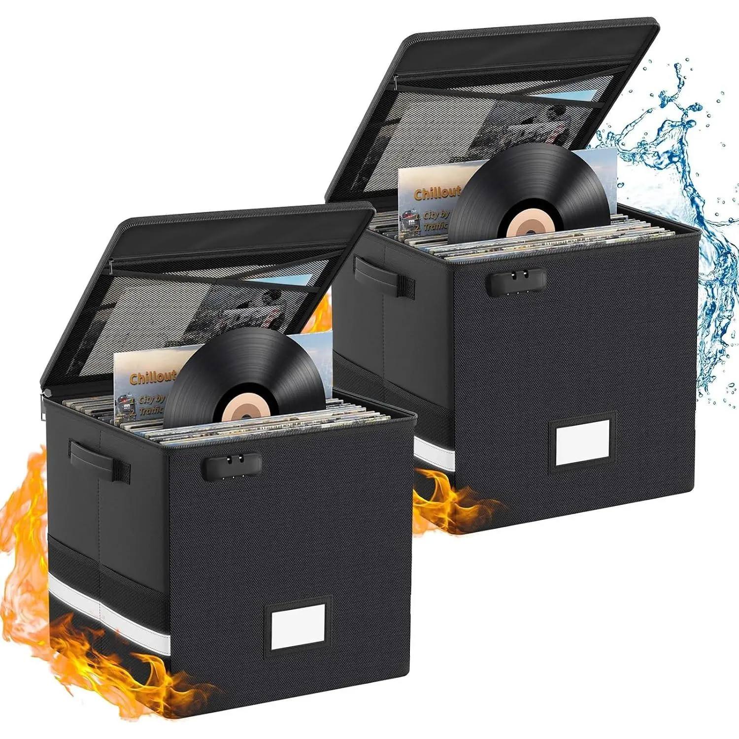 Vinyl Record Storage Box with Lock, 2 Packs Fireproof & Water-Resistant Record Organizer for 100+ 12-inch Vinyl Albums, Collapsible Crate with Lid & Handles, 13"x13"x13" Record Case