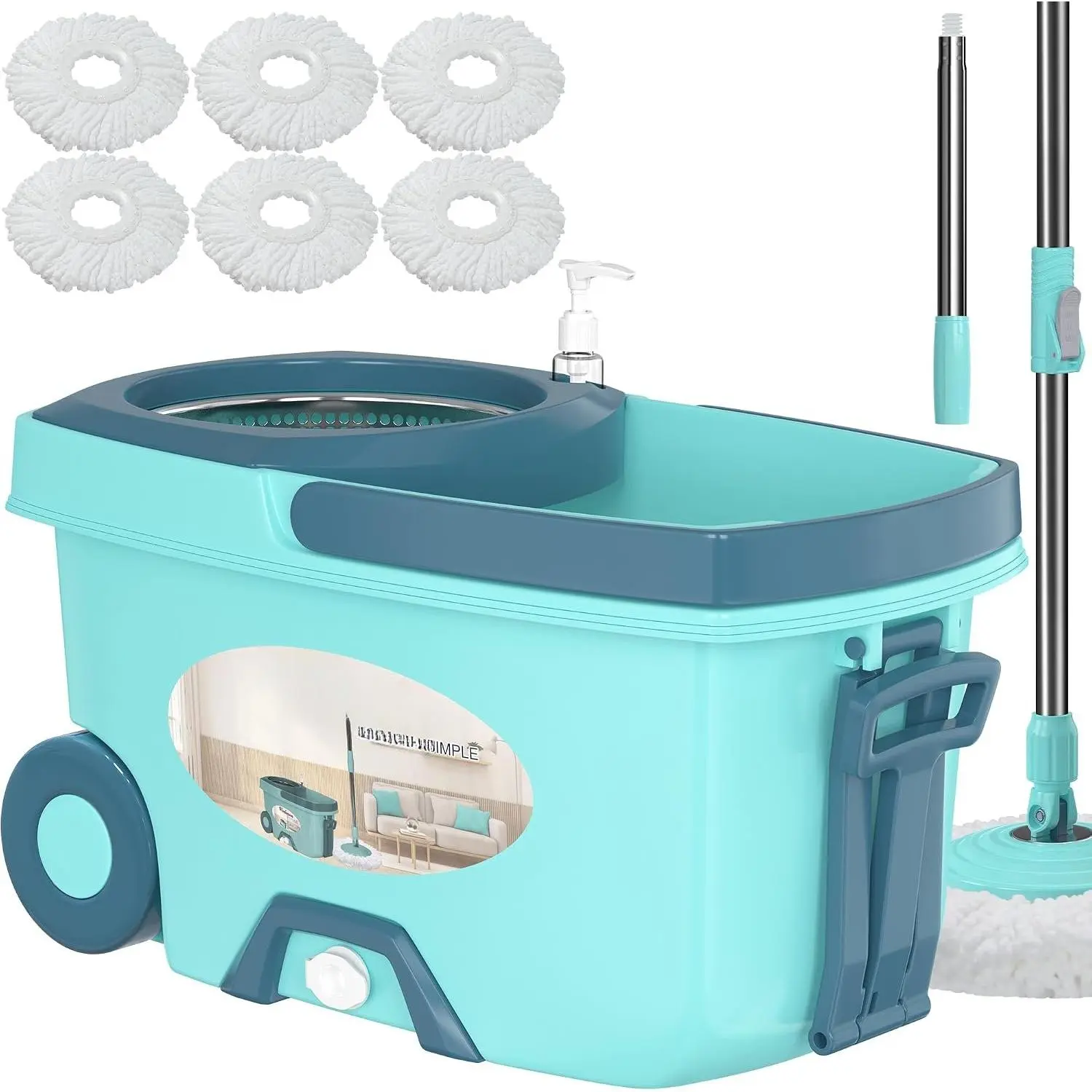 Traditional Large Spin Mop and Bucket, 2 Gal Capacity, Green | 2 Rolling Wheels, Pull Handle, 61-Inch Handle, 6 Mop Heads, Easy Wringing, For Family Homes, Hardwood, Laminate & Tile Floors