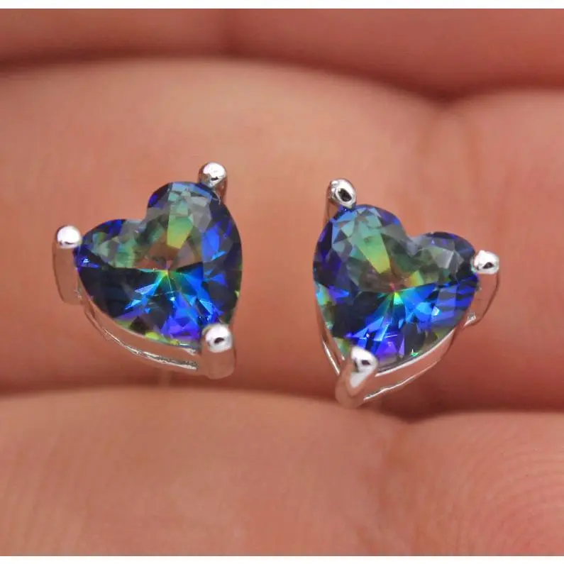 18K White Gold Plated - 6*6mm Heart Sweet Blue MYSTICAL Rainbow Topaz Zircon Stud Earrings for Women, Hypoallergenic Cubic Zirconia Earrings, Elegant Studs, Statement Jewelry Gifts Fashion