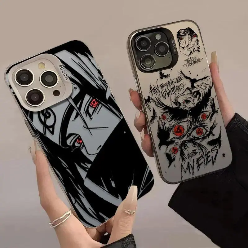 Black and White Red Eye Anime Sketch Phone Case with Color Collision Metal Lens Frame, HD Printing, Flush Mount, TPU Material Anti-Drop Shell for iPhone Series (17, 17 Air, 16, 16E, 15, 14, 13, 12, 11, Pro, Max, Plus)