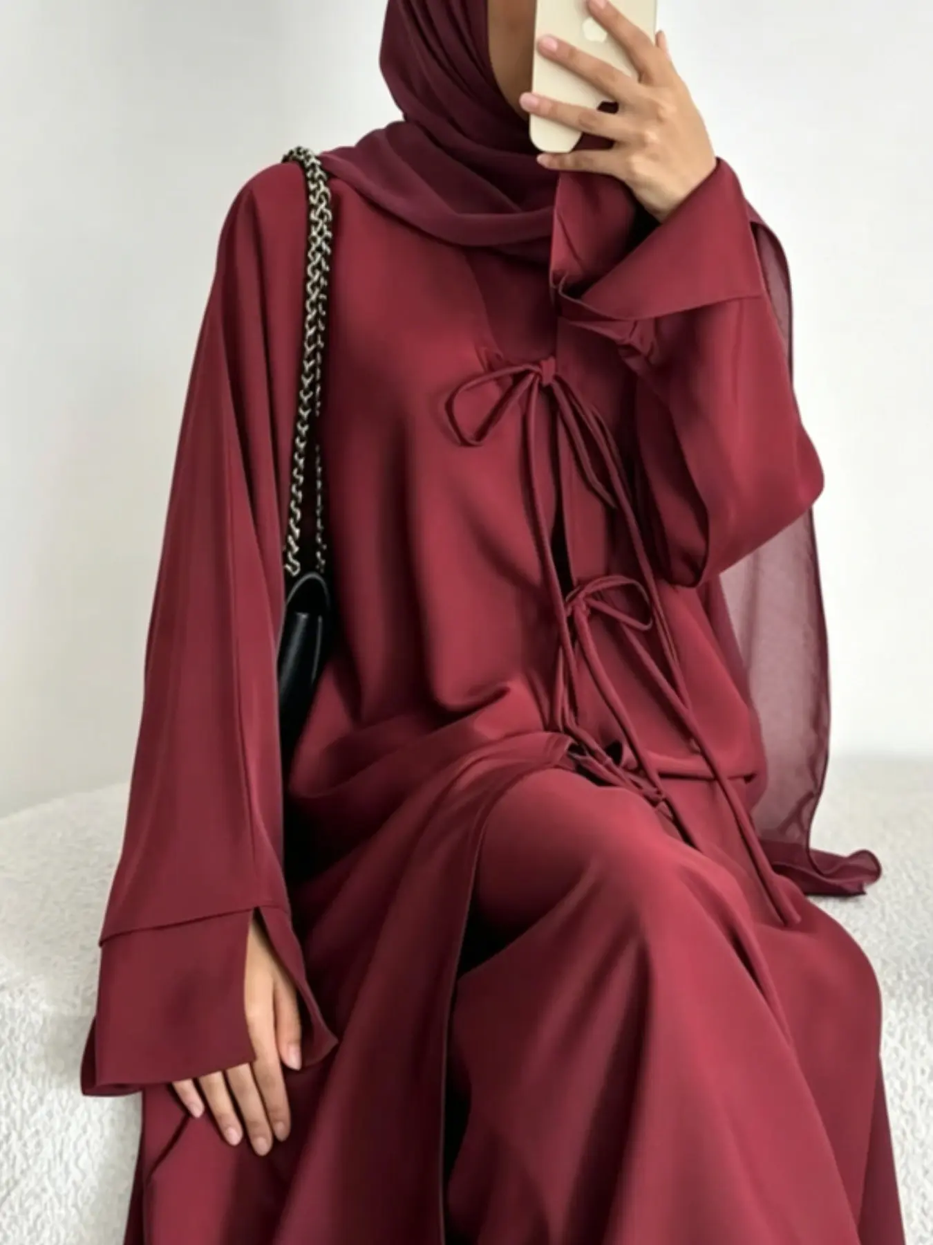 New Muslim Women's Luxury Flowy Satin Tie-Back V Neck Abaya Long Robe, Multi-Color Wide Sleeve Outerwear Hijab Set, Dubai Daily Wear