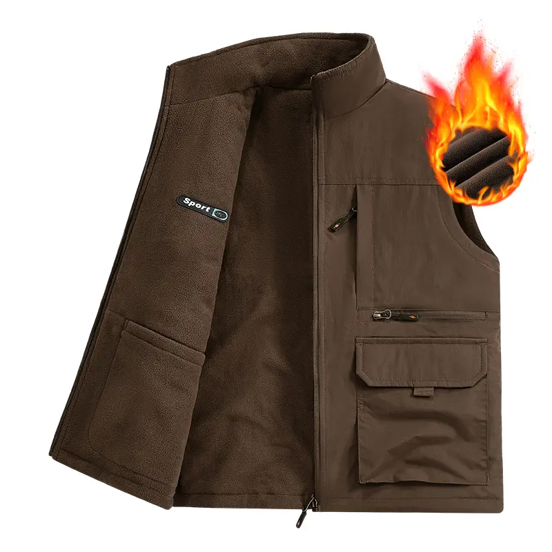 Men Khaki Reversible Fleece Lined Stand Collar Outdoor Vest Multi Pocket Winter Sleeveless Gilet Wind Resistant Two Sides Wear Warm Sleeveless Jacket Mens Fishing Hiking Travel Casual Waistcoat With Multiple Zipper Pockets