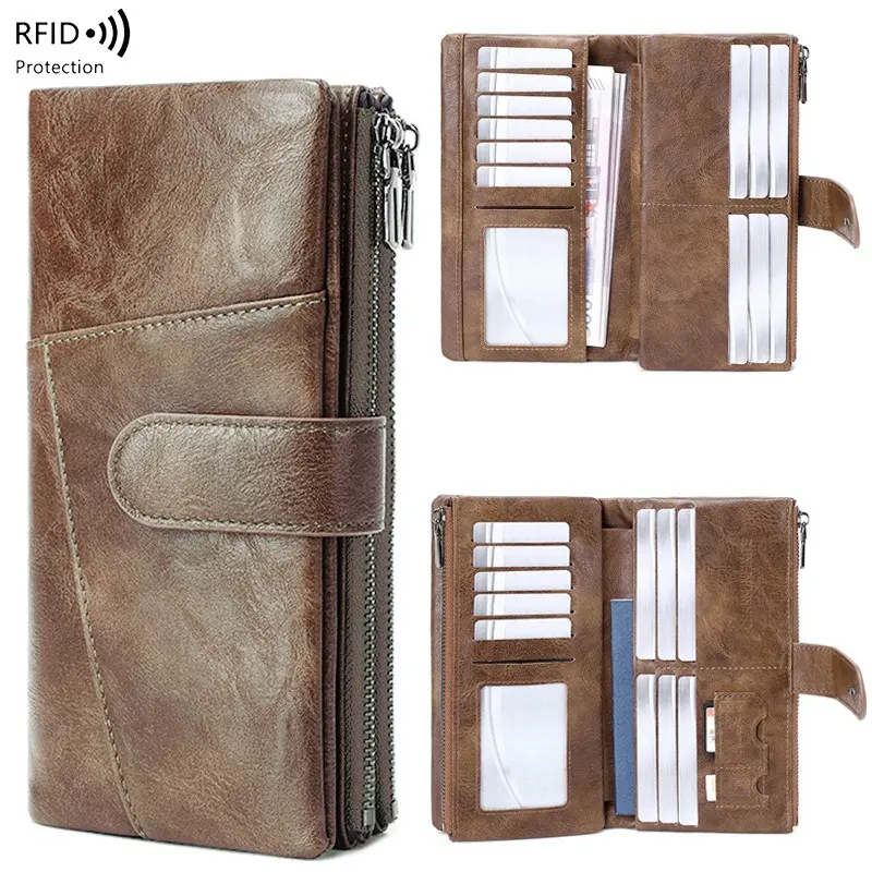 RFID-Blocking Textured PU Leather Long Wallet - Multi-Slots ID Photo Holder, Zipper Pocket, Anti-Scan Secure Large Capacity Billfold for Travel, Daily Carry (Long Format)