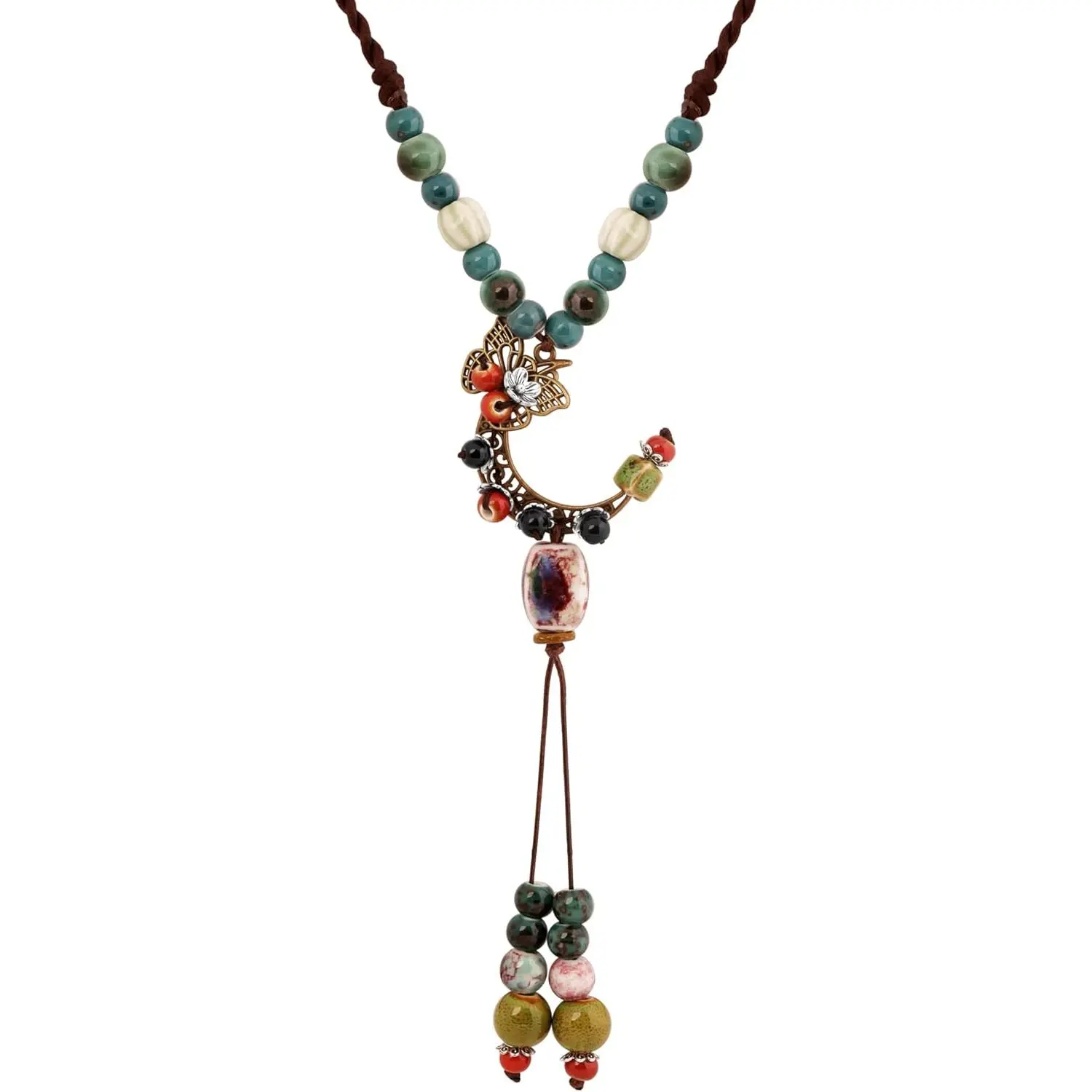 Bohemian Hippie Ceramic Beads Crescent Moon Lariat Necklace, Boho Hippie Statement   for Women