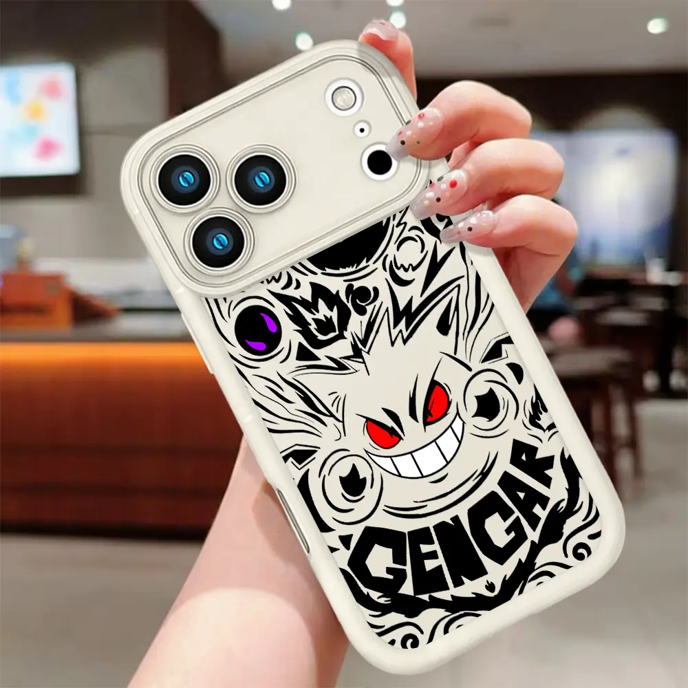 Gengar Graffiti Art Phone Case for iPhone, Soft TPU Shock-Absorbent Cover with Large Window Raised Camera Frame, Cool Ghost-Type Pokemon Black-White Printed Shell for iPhone 17 16 15 14 Pro Max 13 12 11 XR XS X