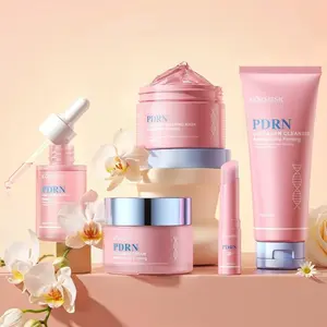 PDRN Pink Collagen Skincare Set, hyaluronic acid, centella asiatica, includes facial cleanser, essence, mask, cream, eye cream stick, moisturizing and brightening, reduces fine lines, smoothes skin, daily skincare set, suitable for all skin types