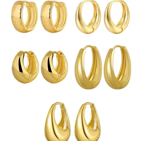 5 Pairs Vintage Elegant High-End Simple Fashion Metal Texture Geometric Design Women's Daily Commute Earrings Set, Stylish Ear Cuffs, Fashionable Huggie Earrings