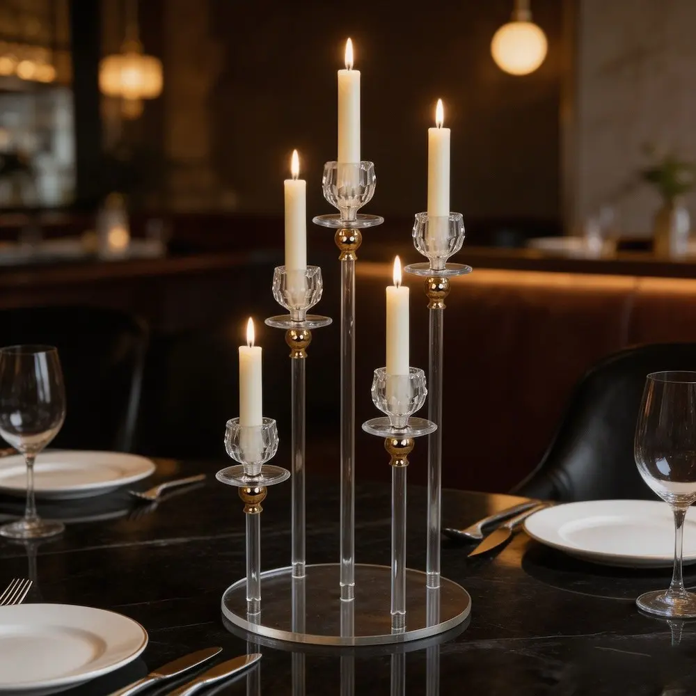 Transparent Acrylic Candelabra Wedding Candle Holder, 5-Arm Elegant Design, Perfect for Weddings, Events, Christmas, Thanksgiving Decor, Candle Holders for Table Centerpiece, Candle Holder Centerpieces