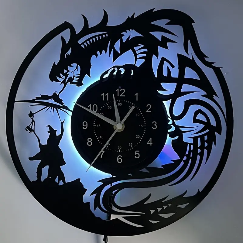Vinyl Record Wall Clock with Fantasy LED Glow, Silent Non-Ticking Retro Home Decor for Music Lovers RPG Gamers, Unique Birthday Christmas Gift for Vinyl Collectors