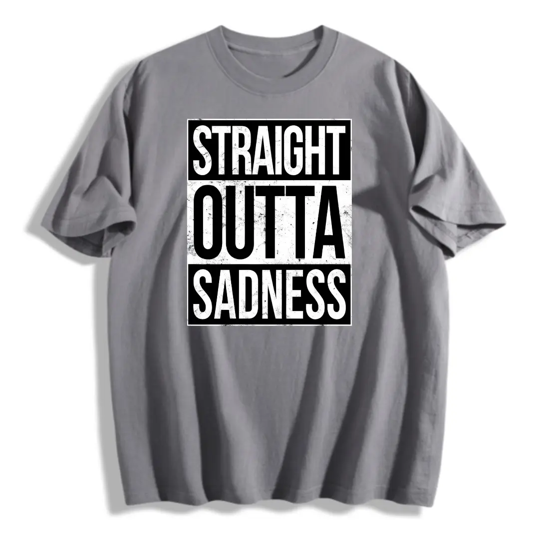 Men's 100% Cotton Oversized Round Neck Shortsleeve Ribbed Tapered T-Shirt - Lightweight, Breathable, Soft Tops with Raw Hem, "Straight Outta Sadness" Graphic Print, Love-Themed Funny Boyfriend Gift (S-5XL, Unisex Day Wear)