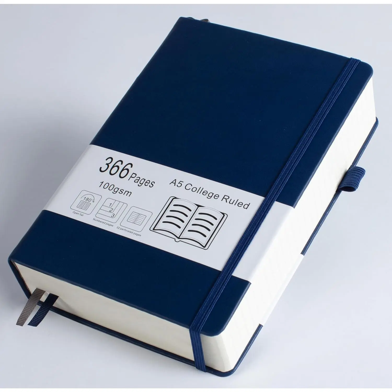 Thick College Ruled Notebook with 366 Numbered Pages, A5 Journal for Writing with 100GSM Lined Paper, Hardcover Leather Notebooks for Women Men School Note Taking Office Work Diary, 5.7"x8.3" Navy