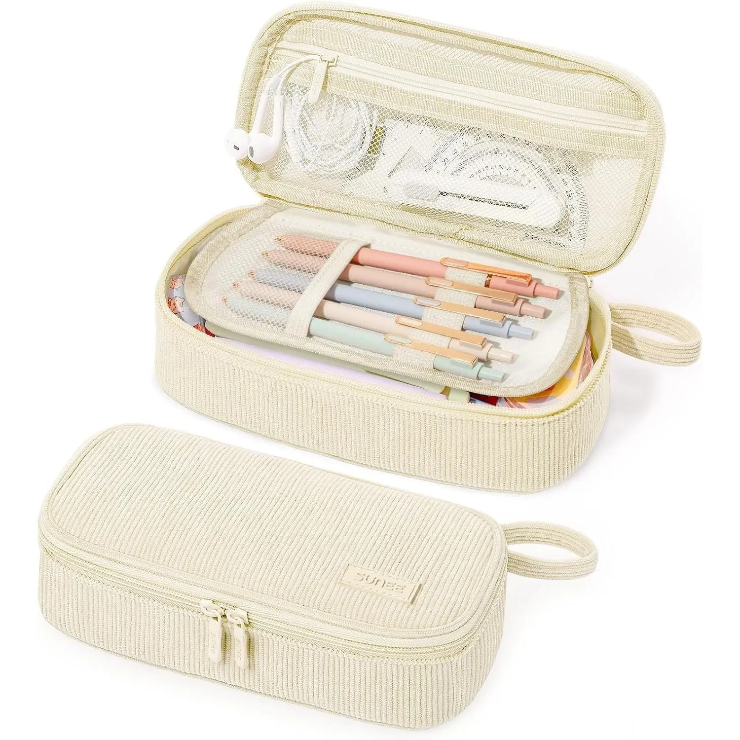 Cute Pencil Case, Soft Corduroy Large Capacity Pencil Pouch, Aesthetic Zipper Pencil Bag, Big Storage Pen Organizer for Stationery, Pencil Box  to School Supplies for Teen Girls Boys, Beige