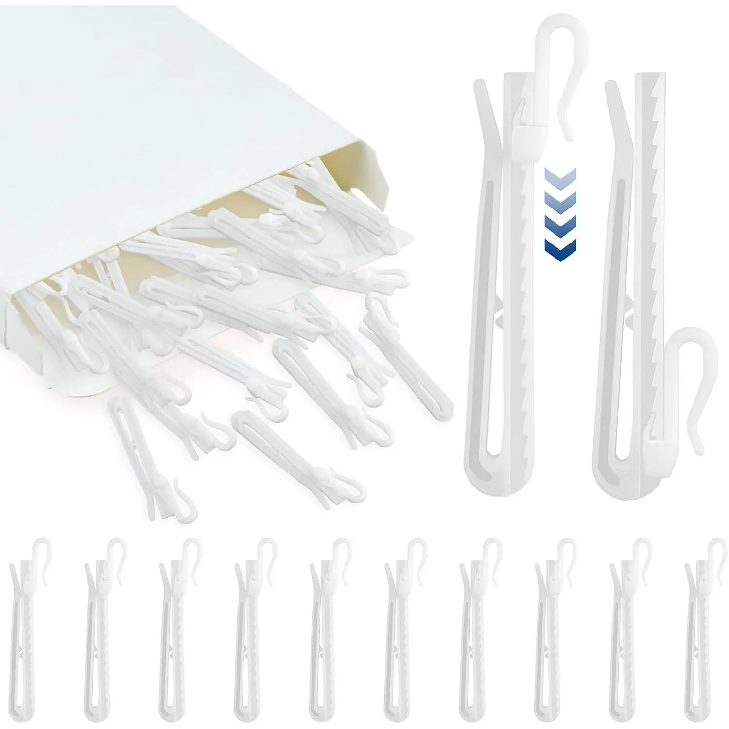 50 Pcs White Plastic Curtain Hooks - 85mm Adjustable Pinch Pleat Drapery Hooks with Ratchet System for Window Drapes, Door Curtains