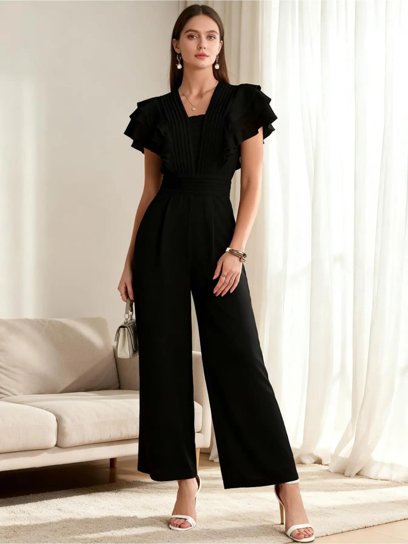 New pure black lotus leaf sleeve one piece jumpsuits women's V-neck pleated waist wide-leg elegant commuter jumpsuit