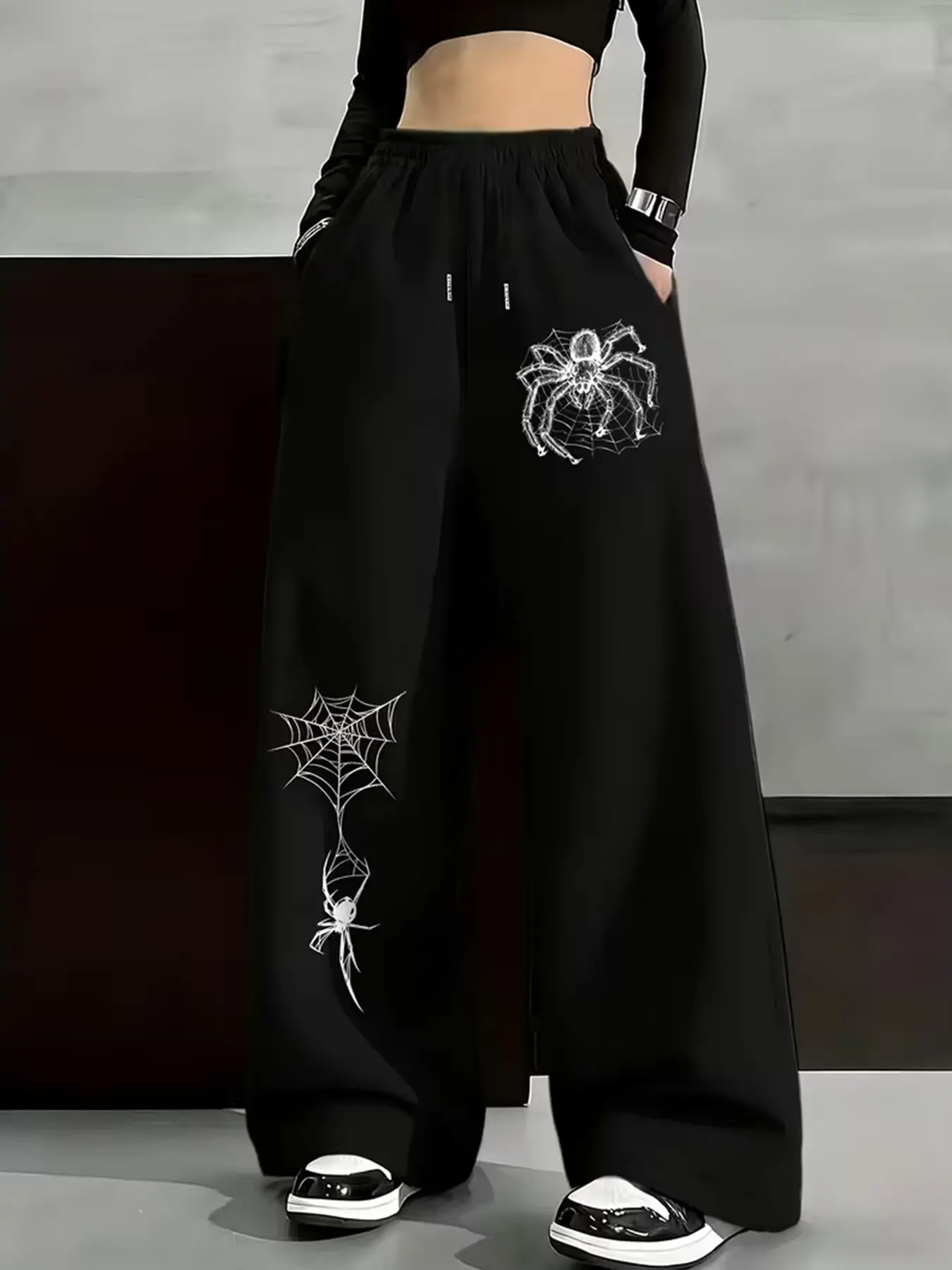 Goth Spider Web Print Wide Leg Sweatpants Women Alt Dark Aesthetic Loose Drawstring Trousers Y2K Punk Streetwear Unisex Baggy Casual Pants #AltFashion #GothPants #Y2KStreetwear