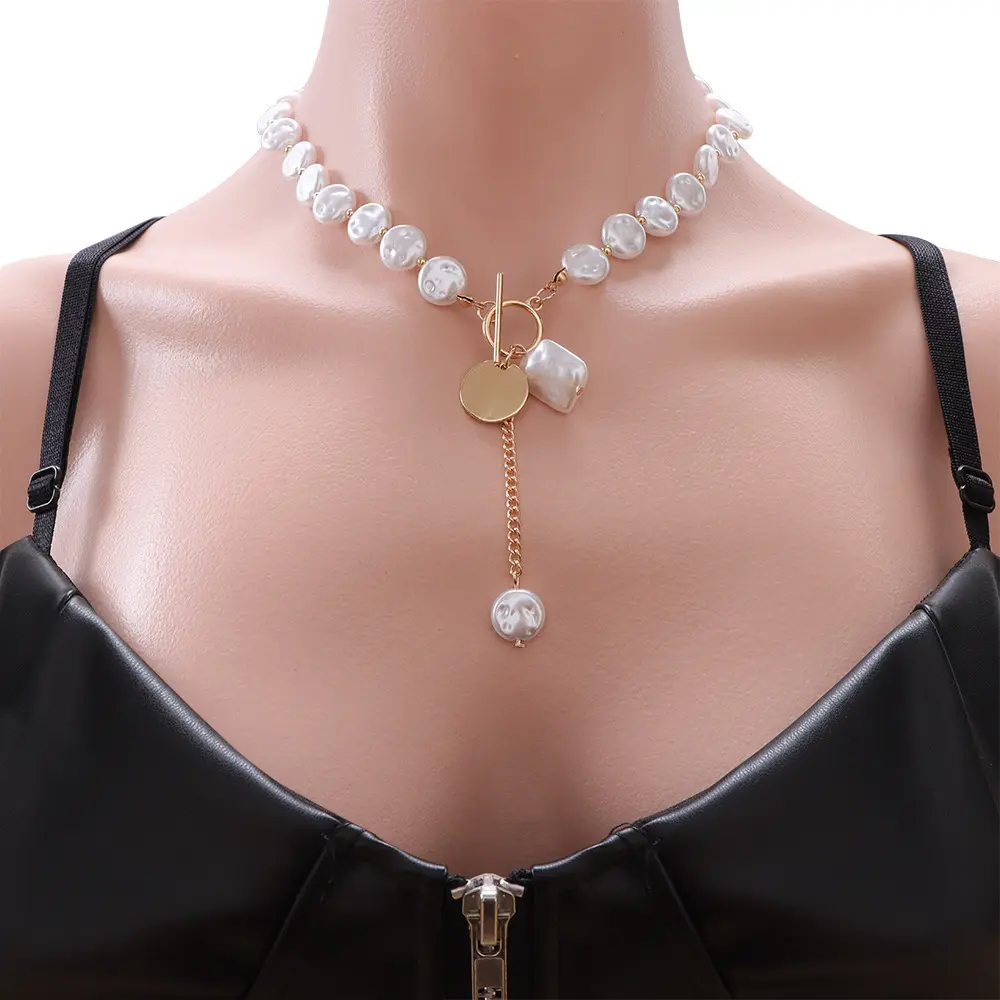 2026 Faux Flat Pearl Toggle Choker Necklace, Dangle Baroque Pearl Disc Pendant Adjustable Chain Neck Jewelry for Women
