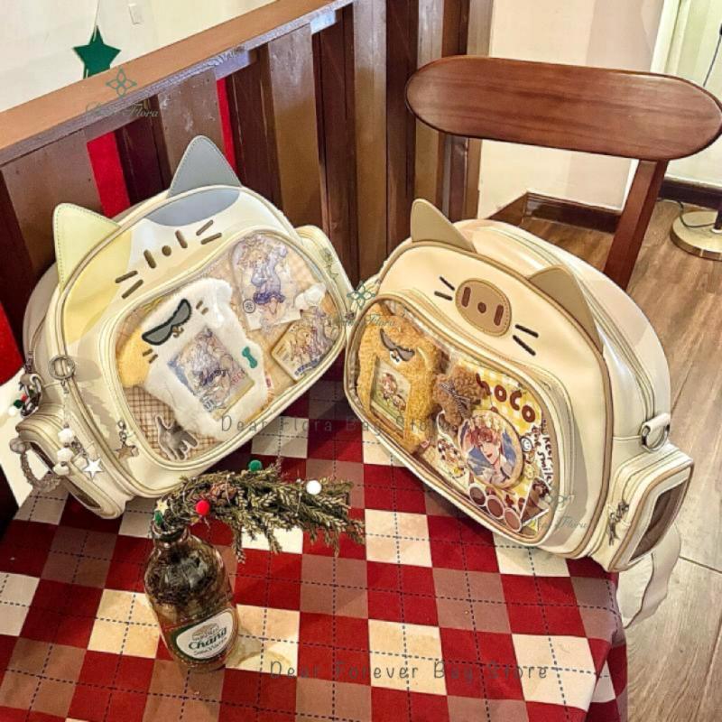 New Y2K Korean Kawaii Cat Ita Bag Cute PU Shoulder Bag Girls Transparent Pocket Harajuku Crossbody Bag Women's Fashion Backpacks