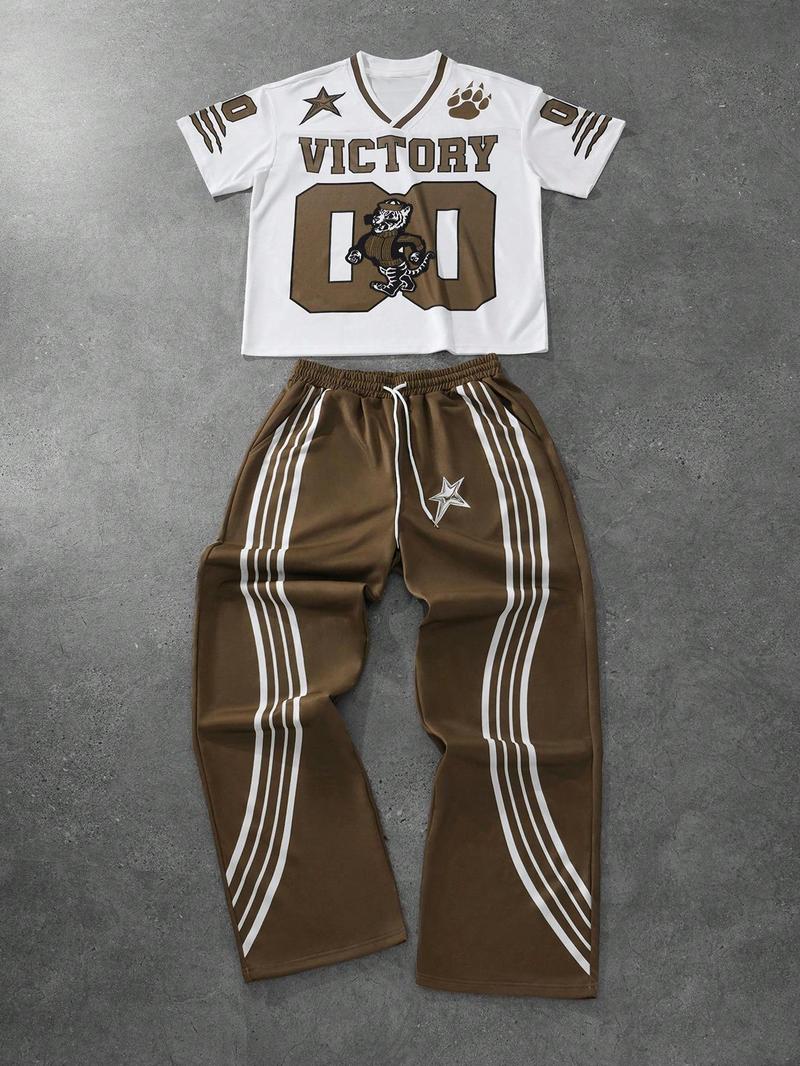 Men's Tiger Print Drop Shoulder Tee & Striped Print Trouser Two-piece Set, Regular Fit Casual Fashion Cozy Breathable Two Piece Outfits for Daily Outdoor Wear, Men Clothes for All Seasons,  Menswear, Crewneck Baseball Outfit