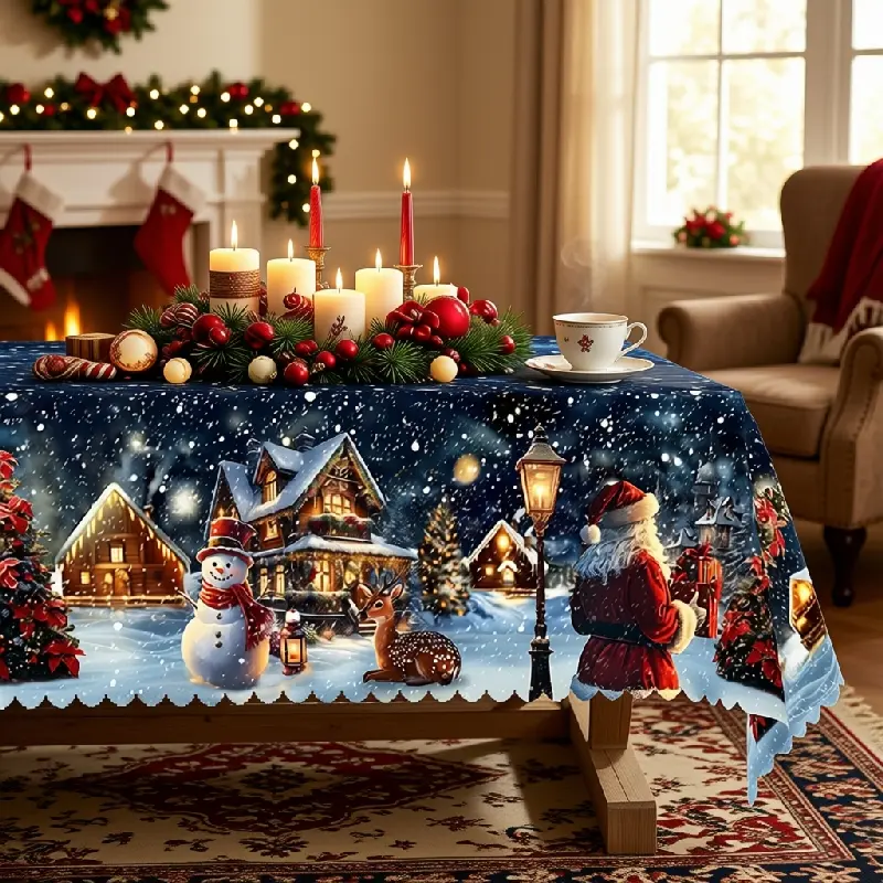 Navy Christmas Village Tablecloth with Snowman, Santa, Golden Lights and Snowy Houses, polyester for Dining Events and Holiday Decor, Machine Washable, Multi-Size, Table Protection, Clearance Sale