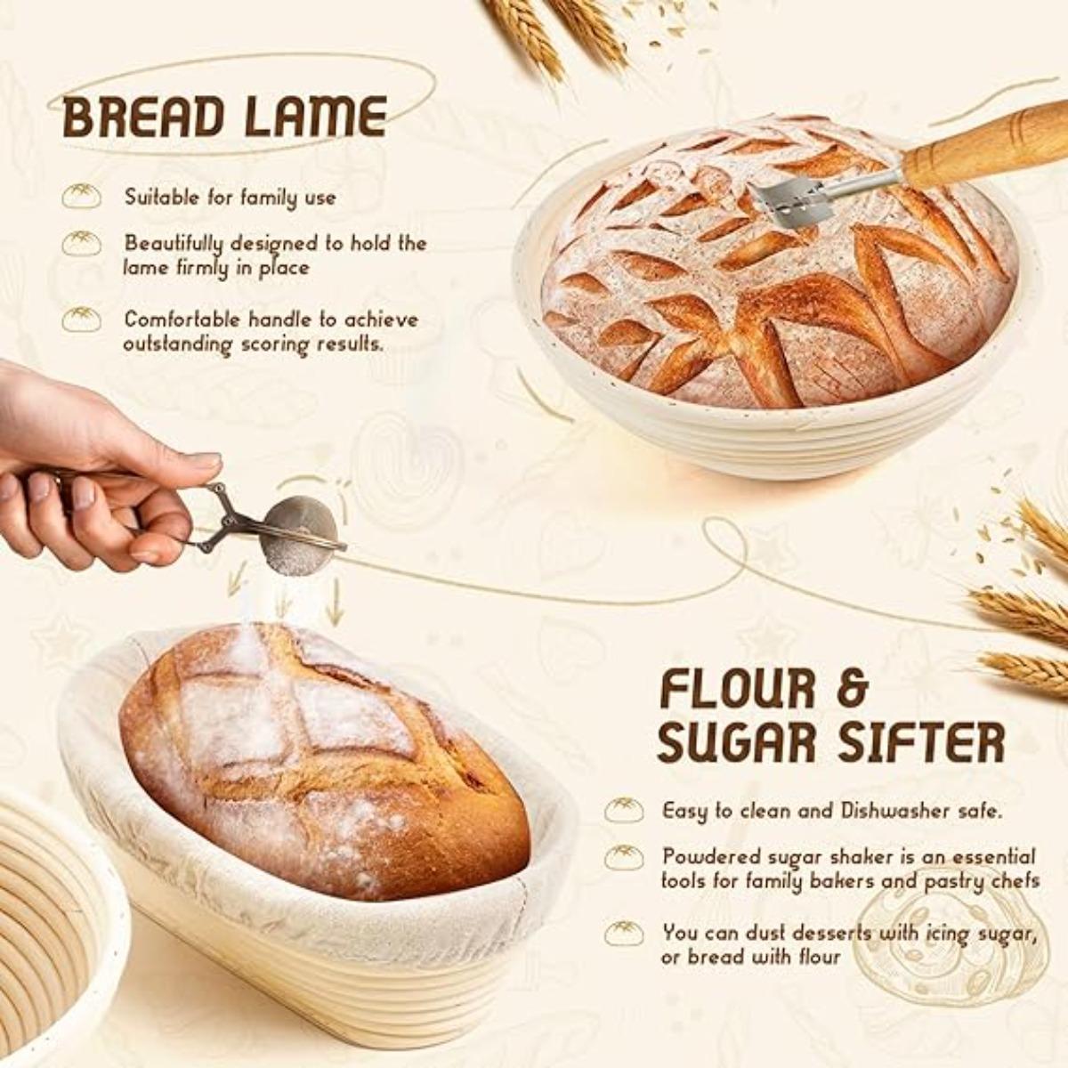 Christmas Gift Banneton Proofing Basket Set, 10 Inch Oval & 9 Inch Round Sourdough Bread Proofing Basket with Sourdough Bread Baking Supplies, Bread Making Kit 8 PCS