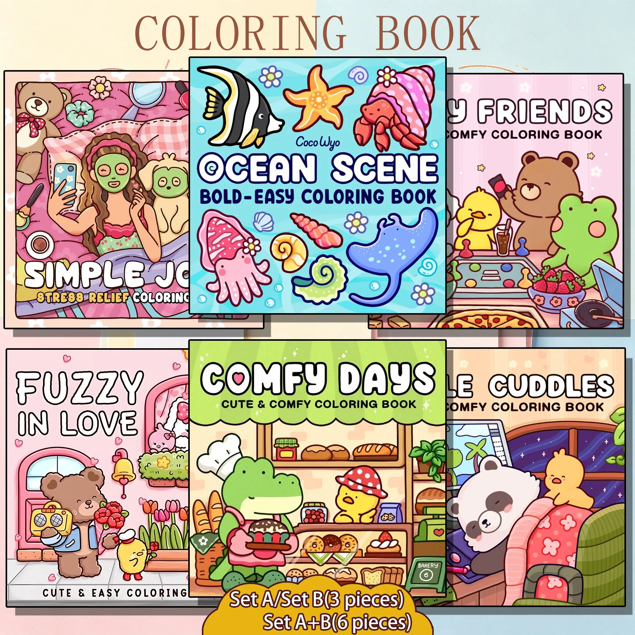 3/6-Piece Cute Theme Coloring Book Set, Stress Relief Coloring Gift Book for Kids, Ideal Art Supplies for Daily Drawing, Travel and Bedtime Activities, Cozy DIY Painting Supplies, Ocean Scene, Fuzzy In Love
