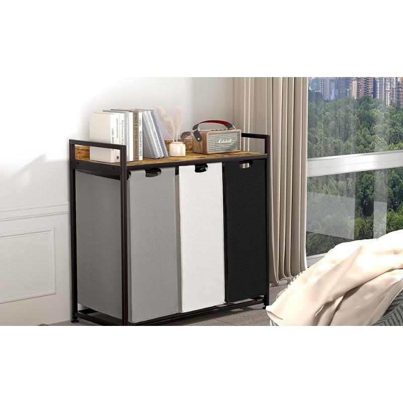 Laundry Hampers with Shelf, Laundry Basket 3 Section, Laundry Sorter with Pull-Out Removable Large 3 Color Bags and Movable Wheels, Metal Frame, 3 x 15.87 Gallons (60L), Rustic Brown PF04XLN