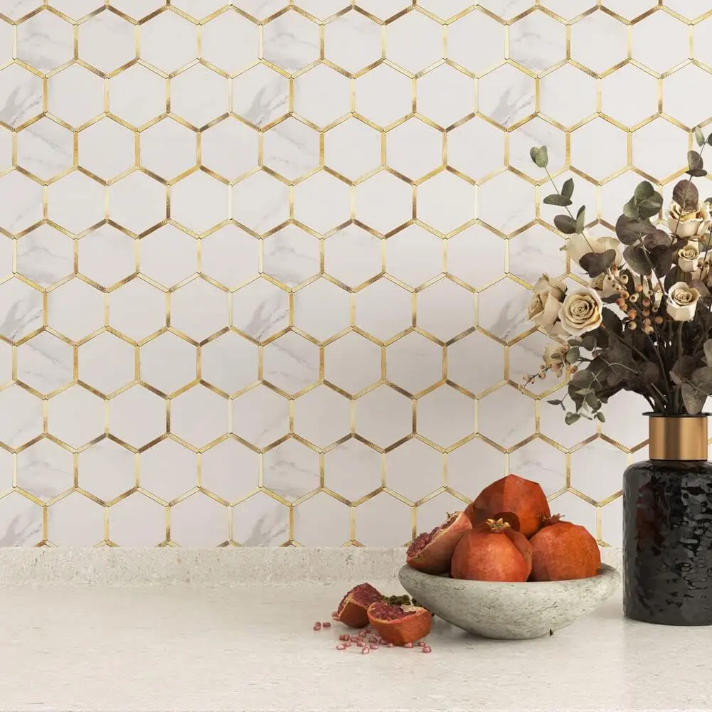 Durable Peel and Stick Backsplash Tiles Sticker - White Hexagon with Marble Veins, Synthetic PVC-Metal Build, Black Strip, Embossed Textures, Indoor Use, Remodel Easy - Self-Adhesive 1-Sheet Box for Kitchen, Bathroom, Decor, Rv