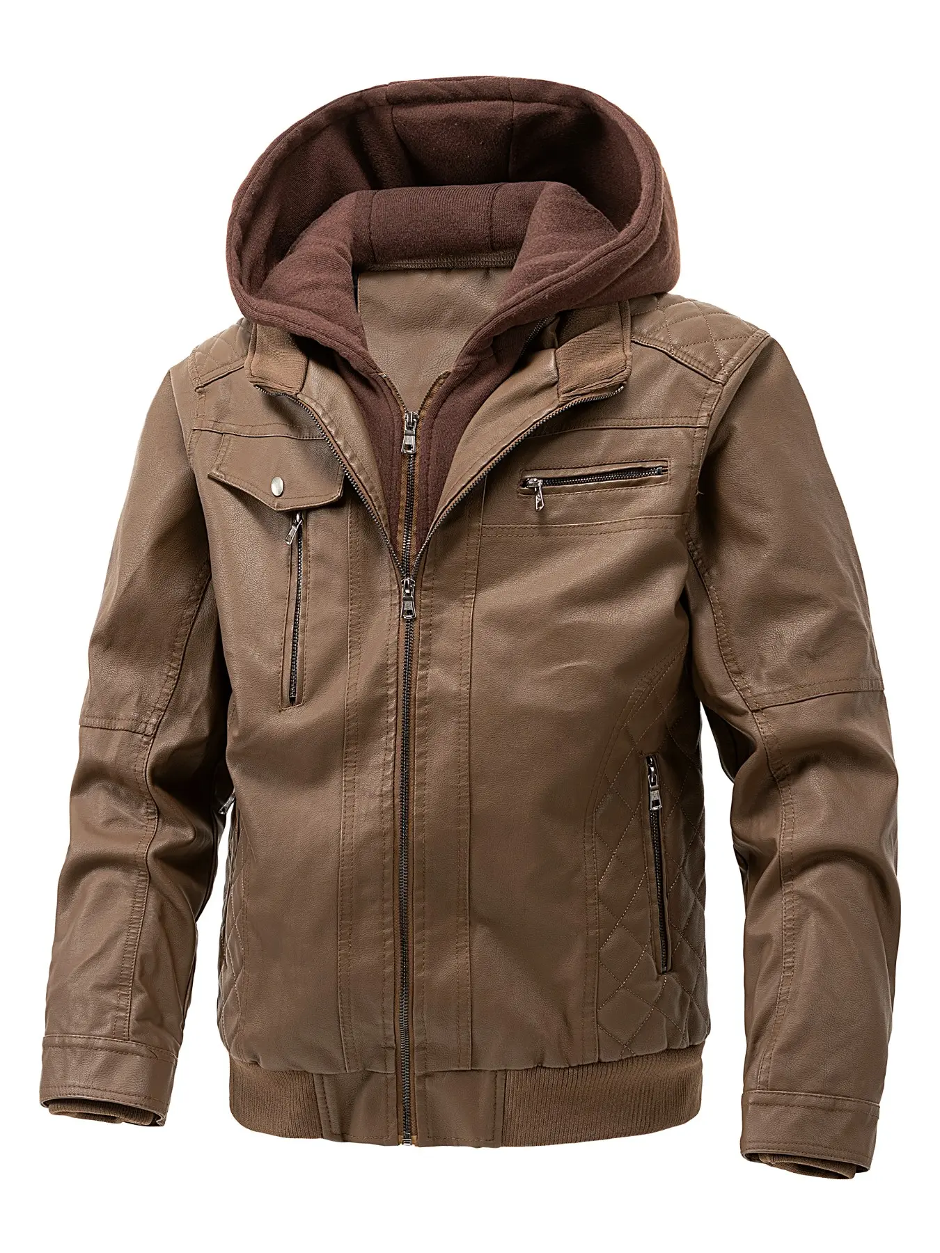 Men's Hooded Leather Jacket, Casual Style Zip-Up Open Front, Long Sleeve with Pockets, Fall & Winter Outerwear for Outdoor Activities